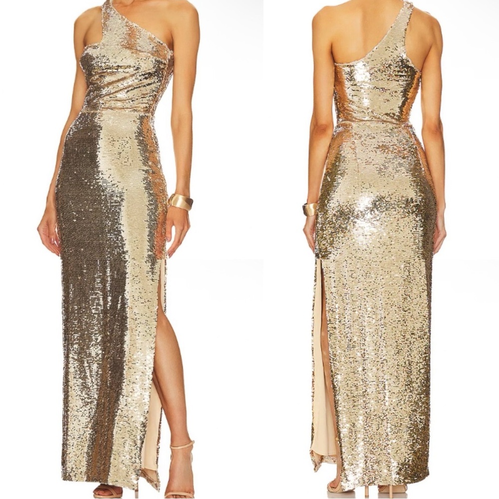 Amanda Uprichard × REVOLVE Mckay Cutout One Shoulder Gown in Gold Sequin NEW